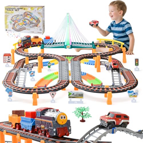 LTFIOON Trenino Elettrico per Bambini, 215 PCS Piste Macchinine per Bambini, Giocattolo Auto Pista Flessibile, Piste per Automobili con Ponte, Regalo Natale Compleanno 3-12 Anni