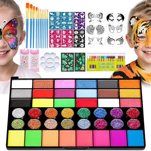 Set di trucchi per bambini, 42 colori, body painting colori per trucco teatrale, con 10 pennelli e 51 tatuaggi, 6 stencil riutilizzabili per dipingere il viso, 16 matite per il viso
