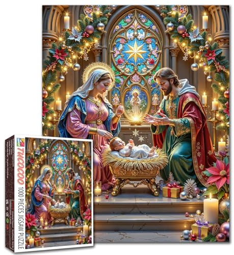 Holy Night Church Scene 1000 Pieces Jigsaw Puzzle for Adults Students 20×27 Inches Christmas Candlelight Nativity Scene Puzzle Festive Decor Beautiful Religious Puzzles Gift for Holidays Family Time