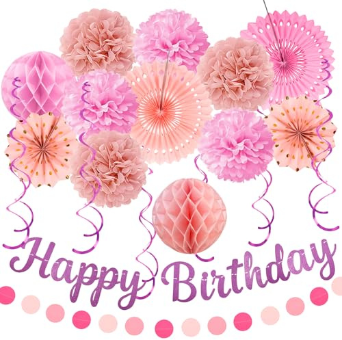 Recosis Decorazioni di compleanno, decorazioni per feste rosa per donne e ragazze, 20 pompon di carta a ventaglio, stelle filanti, lanterne, ghirlande, striscioni di buon compleanno per sfondo di
