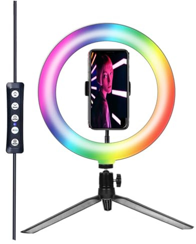 Nordreach 10 Ring Light with Tripod Stand & Phone Holder, 3 Light Modes & RGB Color, 3000-6000K, Dimmable Computer Desk Lamp for Zoom Meetings, Youtube, Filming, Makeup, Webcam