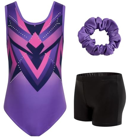JiAmy Gymnastikdräkt för flickor, ärmlös, barn, glitter, gymnastik, gymnastikdräkt, leotard med shorts och hårband, gymnastikdräkt, gymnastikbody, balett, dansande balettdräkt för 3–12 år, 5-6 år