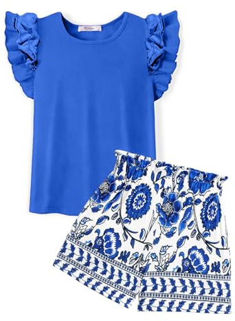 Arshiner Conjuntos para Niñas Azul Camiseta Sin Mangas Pantalones Cortos Conjunto de Ropa Dos Piezas Traje de Ocio para Niños Traje de Moda Ropa de Verano con Bolsillo 11-12 Años