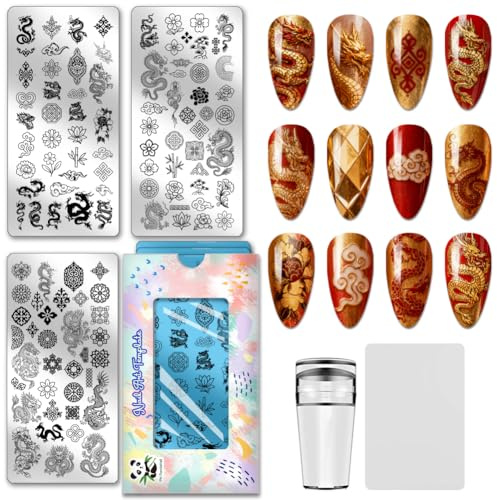 PH PandaHall 3 placas de estampado de uñas de dragón chino, patrones tradicionales, plantillas de arte de uñas, flores vintage, placas de imagen de uñas, plantillas de arte para manicura de Año Nuevo