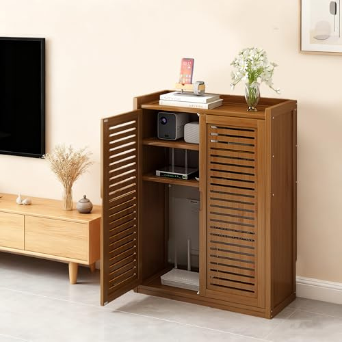 Fukaio Armario para Router WiFi de Suelo - Caja Organizadora de Cables y Módem con Puertas de Persiana, Mueble Rack de Madera Ventilado con Estantes Ajustables y Hueco para Rodapié(32.3in)