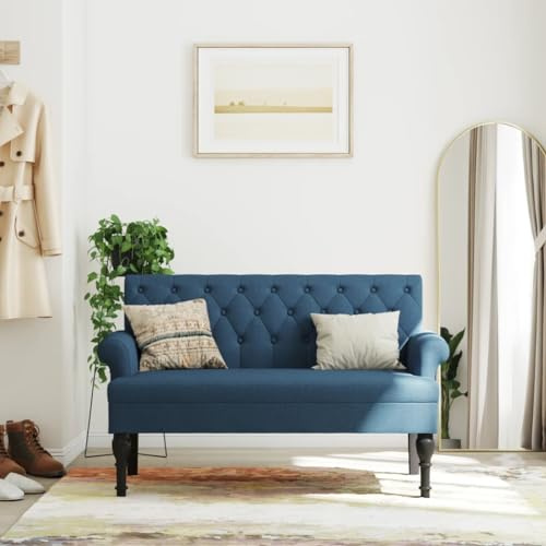 IBUQDDV Sitzbank mit Rückenlehne Blau 120x62x75,5 cm Stoff Polsterbank Wohnzimmerbank Bequeme Sitzgelegenheit mit Dicker Polsterung und Massivholzbeinen Elegantes Design Antik-Stil