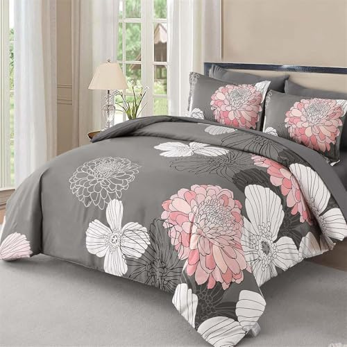 Grey Pink Duvet Cover King Size 3 Pieces Floral Duvet Cover Set for All Season Soft Microfiber Bedding Sets with 2 Pillowcases 220x230 cm