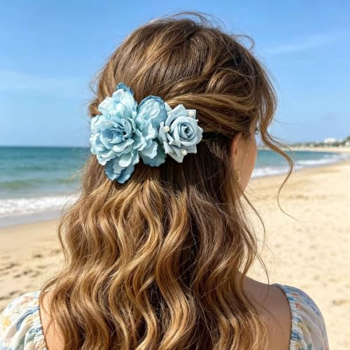 Enautoabs Barrette À Cheveux Avec Fleur De Pivoine Hawaïenne, Accessoires Pour Cheveux À Motif Floral De Pivoine Bleue, Grande Perle En Forme De Rose, Barrette Antidérapante, Hibiscus Bleu, Rose
