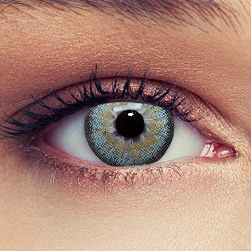 DESIGNLENSES, blaue farbige Kontaktlinsen mit Stärke für einen natürlichen Effekt, 1 Paar (2St), Monatslinsen geeignet für dunkle Augen + Gratis Behälter -4,00 Dimension Sky
