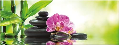 artissimo Bild aus Glas 80x30 cm Zen Spa AG1922A – modernes Glasbild Bambus Orchidee Wandbild Querformat, Wanddeko Wohnzimmer, grün pink, Wellness minimalistisch