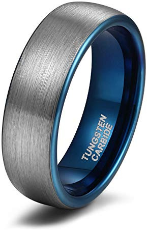 Titaniumcentral 6mm 8mm Damen Herren Wolfram Ring Ehering Hochzeitsband Trauringe Pinsel Silber mit Schwarz Blau