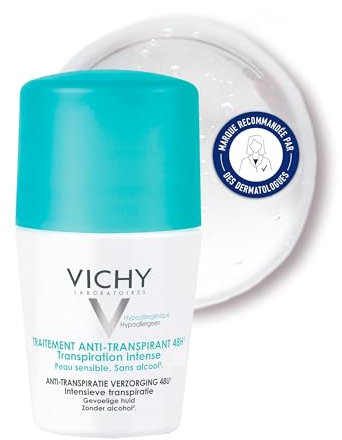 Vichy, Traitement Anti-Transpirant Intensif 48H, Roll-on, Transpiration intense, Sans Alcool, Hypoallergénique, Pour les Peaux Sensibles, 50ml