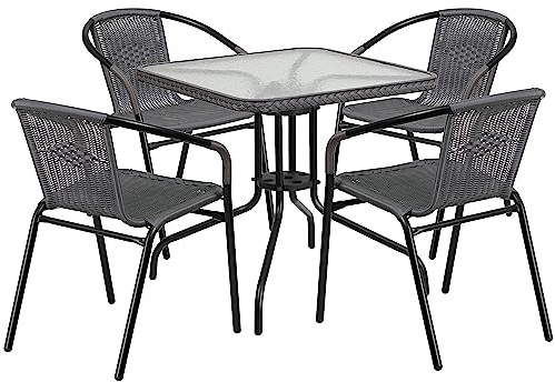 Flash Furniture 5-Piece 28 Square Indoor/Outdoor Patio Table and Chairs Set, Glass Metal Bistro Table and 4 Stacking Rattan Chairs, Gray