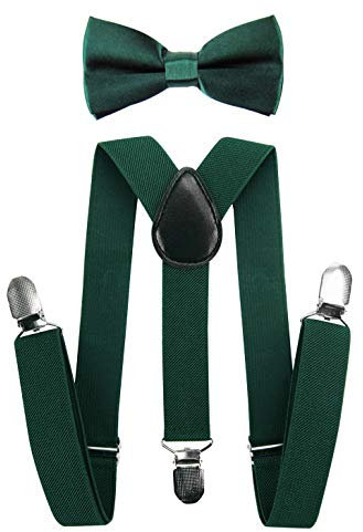 axy Hochwertige Kinder Hosenträger-Y Form mit Fliege- 3 Clips EXTRA STARK-Uni Farben (Grün)