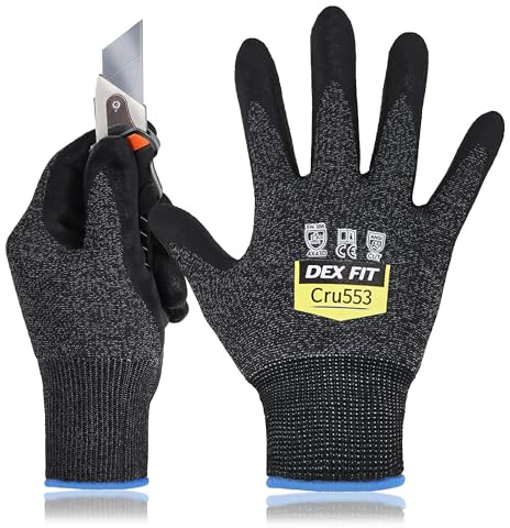 DEX FIT Level 5 Cut Resistant Gloves Cru553, 3D-Comfort Stretchy Fit, Power Grip, Professional Grade, Thin, Touch-Screen Compatible, Durable, Machine Washable; Black Grey L (9) 3 Pairs