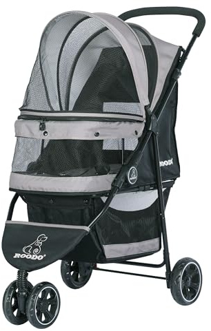 ROODO Escort 3 Wheel Dog Cat Pet Stroller for Small/Medium Dogs Cats Best Lightweight Foldable Portable Compact Jogger All Terrain Travel Pet Gear System Puppy Doggie Bunny Kitty Stroller(Grey)