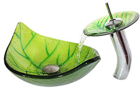 Bathroom Vessel Vanity Sink Green Leaves Tempered Glass Wash Basin Cabinet Countertop Sink Combo with Waterfall Faucet&Pop up Drain