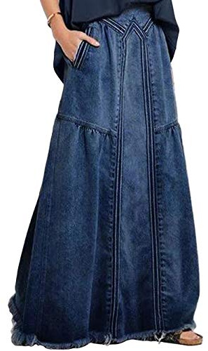 ebossy Lång maxikjol för dam, denimtyg, A-linjeskuren, avslappnad hippiestil med resårmidja samt sliten fåll och look, Mörkblått, S