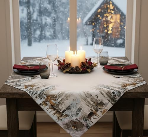 KAMACA Tischdecke Mitteldecke 85x85 cm mit hochwertigem Druck-Motiv Küche Esstisch Eyecatcher Herbst Winter Weihnachten (Rehfamilie Im Winterwald)