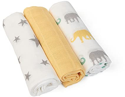 GRÜNSPECHT Pflege-/Waschtücher 30x30cm aus 100% Baumwolle, Spucktücher, Waschlappen, ohne optische Aufheller, hautfreundlich & saugstark, 6 Stück, Mango, Sterne, Elefanten (1501-V2)