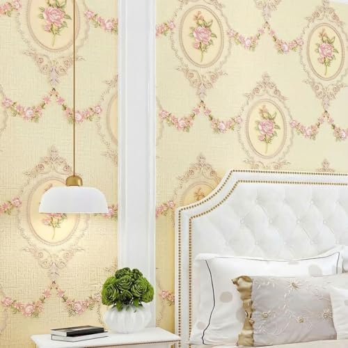Prior.choice 9.5X0.53M Vintage Country Floral 6 Colors Embossed Textured Non-Woven Wallpaper Roll for Bedroom Livingroom 1.73' W x 31.2' L=5.035㎡ (54sq.ft) (Yellow)