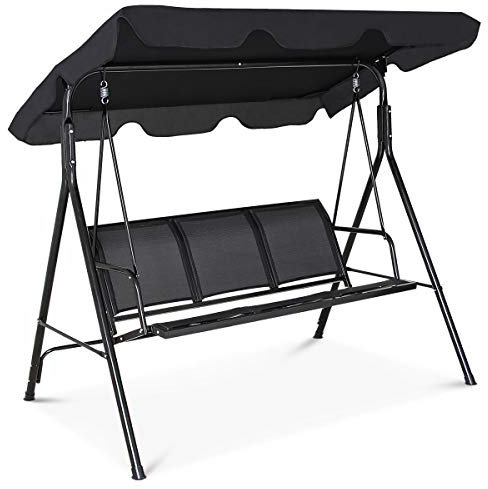 GYMAX Hollywoodschaukel 3-Sitzer, Gartenschaukel Gartenbank mit verstellbarem Sonnendach, Schaukelbank mit Metallrahmen, bis 210 kg belastbar, für Balkon, Terrasse & Garten (Schwarz)