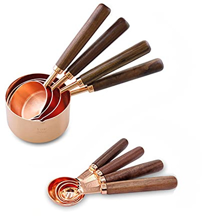 Alnicov Juego de 8 tazas medidoras y cucharas, cucharas medidoras de acero inoxidable oro rosa con mango de nogal para ingredientes secos y líquidos