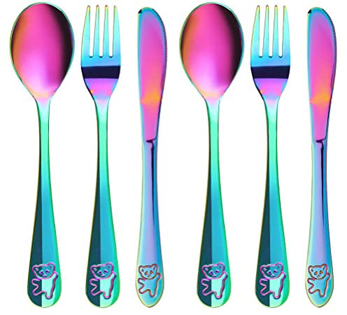 6-teiliges Kinderbesteck aus Edelstahl, 2 x Gabel, 2 x Löffel und 2 x Messer für Baby & Kinderzeit, Kinderbesteck Mit Gravur, Geschenke zur Taufe,Taufgeschenke(Regenbogen)