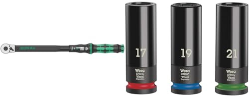 Wera Click Torque C 3 Adjustable Torque Wrench, 1/2 Square Drive, 40-200 Nm, 05075622001 & 05004595001 Wheel Impaktor C Set 1 Hexagon Socket