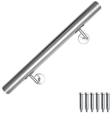 Gimisgu Corrimano in acciaio inox, ringhiera da parete, per interni ed esterni, asta con supporto e tappi terminali, Ø 42 mm, lunghezza: 50 cm