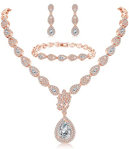 Deyanse Hochzeit Schmuckset, Träne Halskette & Ohrringe Hängend & Armband Set, Silber/Rosegold/Gold Braut Damen Schmuckset mit AAAAA Weiß Zirkonia in Verlobung für Braut Liebhaber Frauen