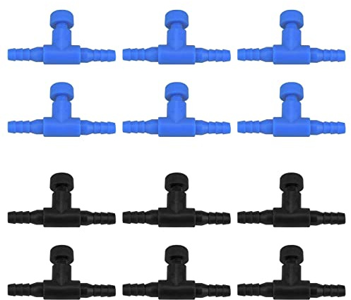 12Stk Luftpumpe Regelventile Aquarium Luftregelventile T-Form Schlauchverbinder Ventil Kunststoff Aquarium Luftschlauch Stecker Aquatic Luftventil Zubehör für ID4mm Luftschläuch (Schwarz + Blau)