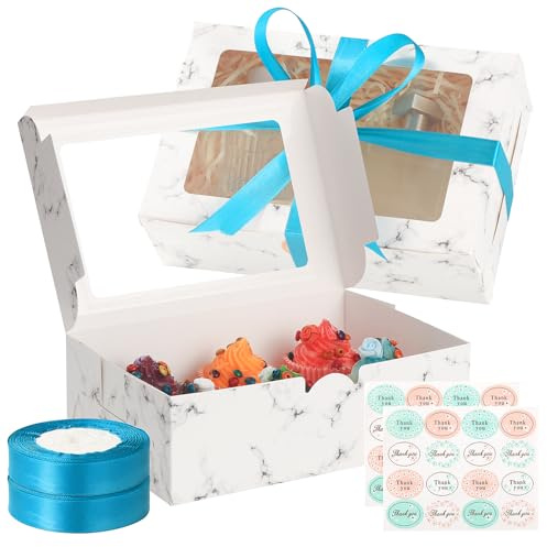 TsunNee 20 Stück Cupcake Boxen 6 Löcher Kuchenboxen mit Einsätze, Papier Cupcake Träger, Papier-Bäckerei-Boxen für Weihnachten Geburtstag Babyparty Hochzeit (Grauer Marmor, 23,5 x 16 x 7,5cm)