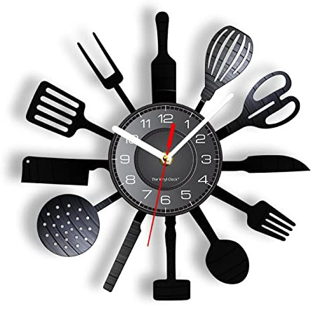 Orologio Vinile -30cm Posate da cucina vintage Disco in vinile Arte della parete Cucchiaio Forchetta Coltello Orologio da parete da cucina Stoviglie Orologio decorativo Regalo da buongustaio