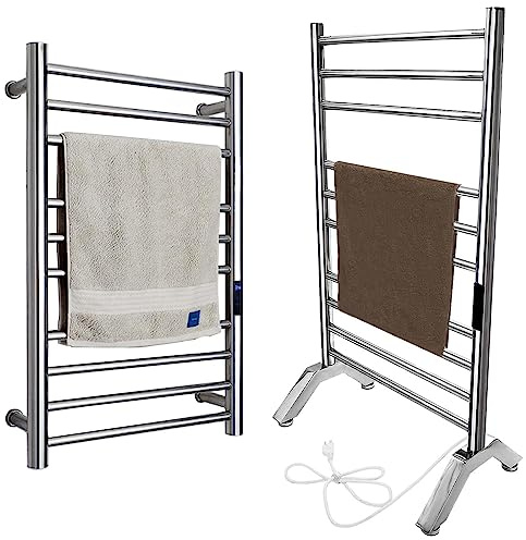 Towel Warmer Rack,Electric Heated Towel Rack Freestanding & Wall Mounted, Towel Warmer for Bathroom Standing 304 Stainless Steel,10 Bars Radiator with Timer,Plug-in,Silver