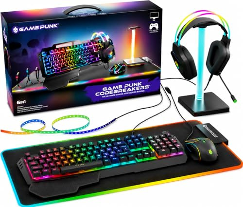GAME PUNK Ensemble de jeu 6 pièces Codebreakers RVB – Clavier mécanique, souris RVB et tapis de souris XL, hub USB avec support, bande lumineuse – Accessoires de jeu PC pour ordinateur de bureau et