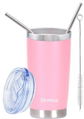 Shinhoo 20oz/ 550ml Insulated Travel Mug Reusable Coffee Cup Tumbler with Straw and Lid for Hot Cold Drinks (Pink)