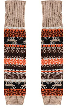 Fingerlose Armstulpen Damen Winter Handwärmer Lang Gestrickt Handstulpen mit Daumenloch Armwärmer Schneeflockenmuster Elchmuster Pulswärmer Warm Strickhandschuhe für Haus Büro Weihnachten Khaki