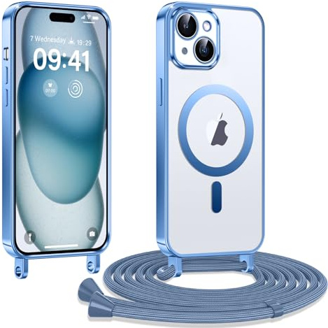 Kokio Coque pour iPhone 15 avec Cordon, Etui à Transparente Housse Compatible avec MagSafe, Antichoc Protection Coque pour Magnétique avec Réglable Collier, Bleu