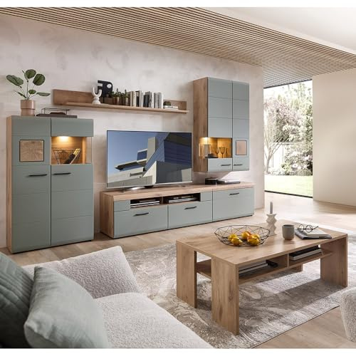 Lomadox Wohnwand Wohnmöbel Set Eiche mit Schilfgrün 6-teilig Modern, 1 Highboard, 1 Wandboard, 1 Lowboard (2-teilig), 1 Hängevitrine, 1 Couchtisch inkl. Beleuchtung