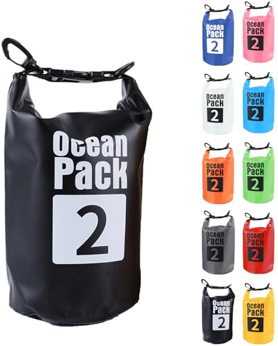 2L Schwarz Wasserdichte Tasche,Dry Bag 2L/5L/10L/15L/20L/30L mit Verstellbarem Gurt, Schützt Telefon/Karte, Roll Top Wasserdichter Beutel Rucksack für Schwimmen/Rafting/Kajak/Bootfahren/Camping/Strand