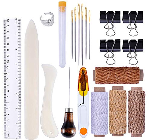 SagaSave 21Pcs Bookbinding Tools Set, Bone Folder Creaser Waxed Linen Thread Wood Handle Awl Large-Eye Needles Binder Clips for Handmade DIY Bookbinding Crafts