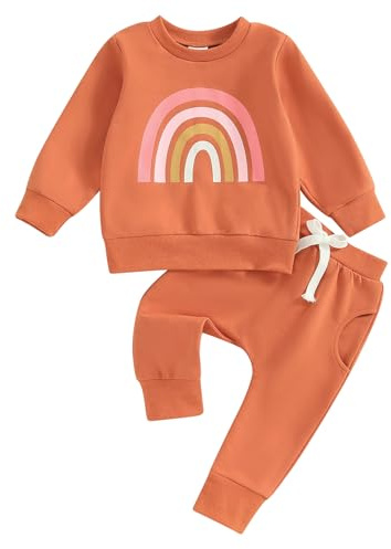 Loalirando 2 Pièces Ensemble De Sport Fille Combinaison Fille Imprimé Arc En Ciel T-shirt à Manches Longues Sweat Sans Capuchon+Pantalon De Sport Taille Haute, orange., 2-3 ans