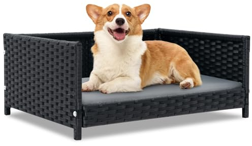 GYMAX Rattan Hundebett, Katzenbett mit abnehmbarem Kissen & Metallrahmen, erhöhtes Haustier Bett für kleine & mittelgroße Hunde, grau, 62 x 46 x 25 cm