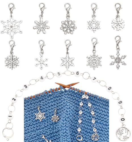BENECREAT 11Pcs Legierung Schneeflocken Thema Charme Verriegelung Masche Marker, Acryl Zahl Stricken Reihe Zähler Ketten mit Hummer Klaue Clasps für Stricken Weben Nähen, Antik Silber & Platin