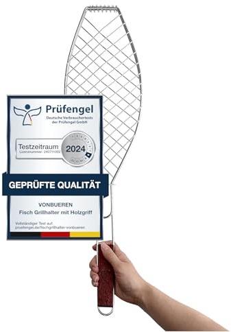 VonBueren 1x Fisch Grillhalter, Fischgrillgitter, Fischzange zum Grillen | 63 x 16 cm mit Holzgriff, Fischgrillzange, Fischhalter für Grill, Fischgriller und Grillkorb zum sicheren Grillen von Fisch
