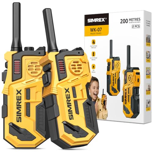 SIMREX Walkie Talkie für Kinder 2er Set, Spielzeug ab 3 4 5 6 7 8 Jahre, Walkie Talkie Kinder, Outdoor Spiele für Kinder Walki Talki Kinderspielzeug 200 Meters Reichweite, Gelb-Schwarz ﻿