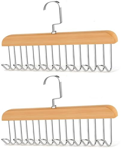 BOBOZHONG Wooden Belt Hanger for Closet, 2 Pack with 8 Hooks, Anti Slip, Polished Brown Finish