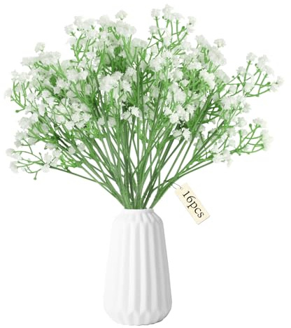GZGXKJ 16 Stück Künstliche Blumen 28cm Schleierkraut Künstlich Kunstblumen Weiss Schleierkraut Kunstblumen wie Echt für Hochzeitssträuße Partys Zuhause Vasen Dekoration