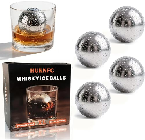 HUKNFC Reusable Ice Cubes & Metal Chilling Stones 304 Stainless Steel Whiskey Balls XL Extra Large Whiskey Ice Stones Set of 4 Silver Ball 2.2 (55 mm) Whiskey Gifts